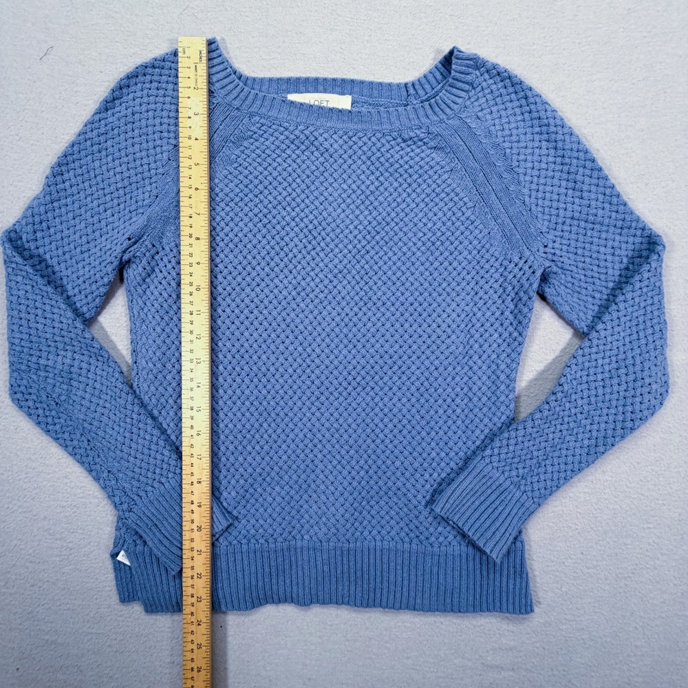 LOFT Sweater Womens Small Excellent Blue Basketweave Knit Cotton Camel Hair Mix - Picture 2 of 7